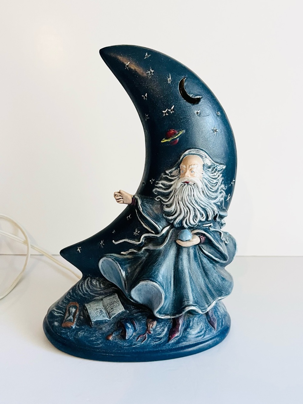 Vintage 1997 Wizard Crescent Moon Ceramic Lamp Blue Celestial